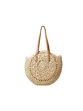 Handmade Woven Straw Shoulder Bag Large Round Beach Tote